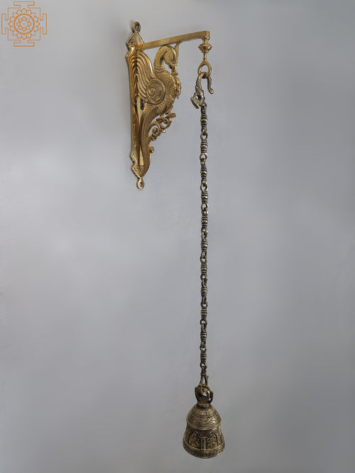 36" Brass Parrot Wall Bracket with Hanging Bell for Home Decor
