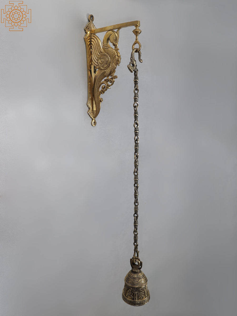 36" Brass Parrot Wall Bracket with Hanging Bell for Home Decor