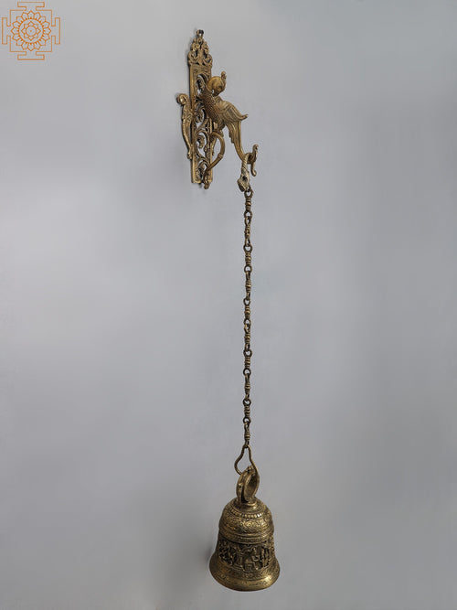 42" Brass Temple Hanging Bell with Parrot Bracket Statue