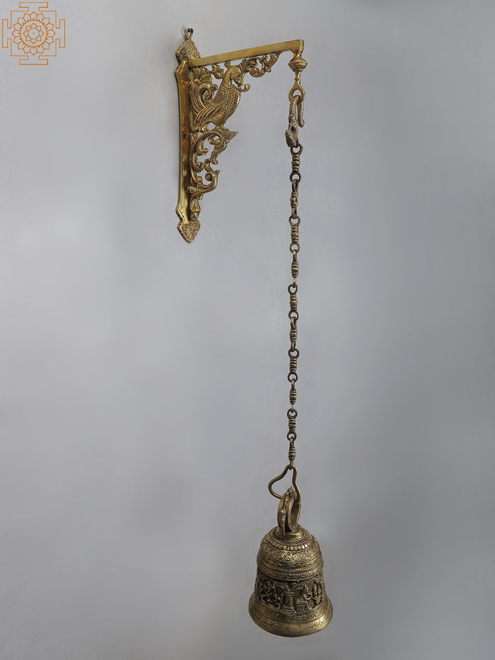 38" Brass Lord Krishna Temple Bell with Peacock Bracket Statue