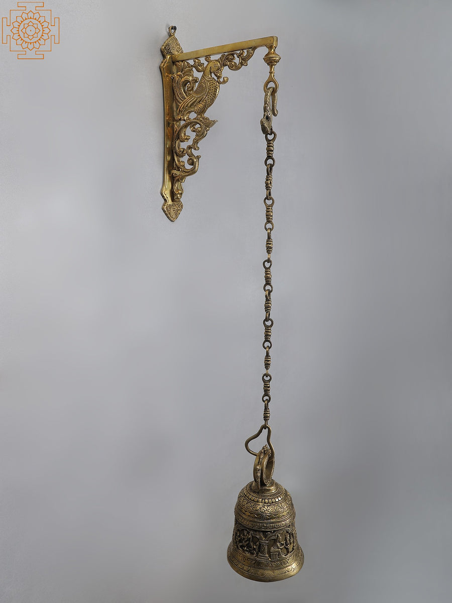 38" Brass Lord Krishna Temple Bell with Peacock Bracket Statue