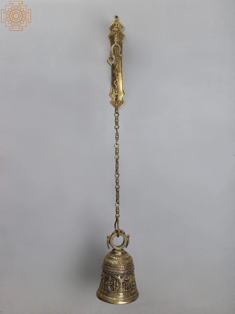 38" Brass Lord Krishna Leela Temple Hanging Bell with Peacock Bracket