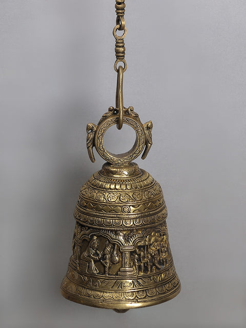 38" Brass Lord Krishna Leela Temple Hanging Bell with Peacock Bracket