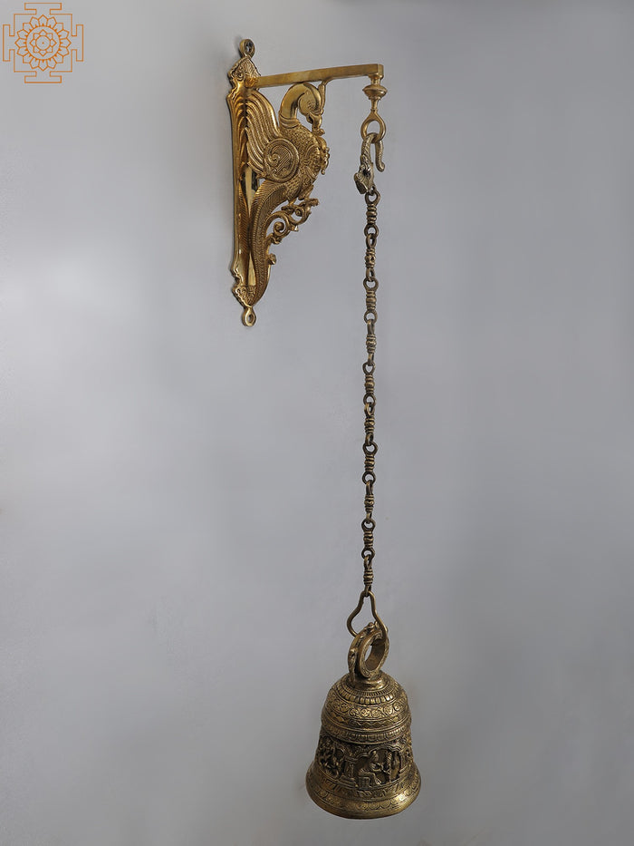 36" Brass Krishna Parrot Temple Bell Bracket Wall Hanging