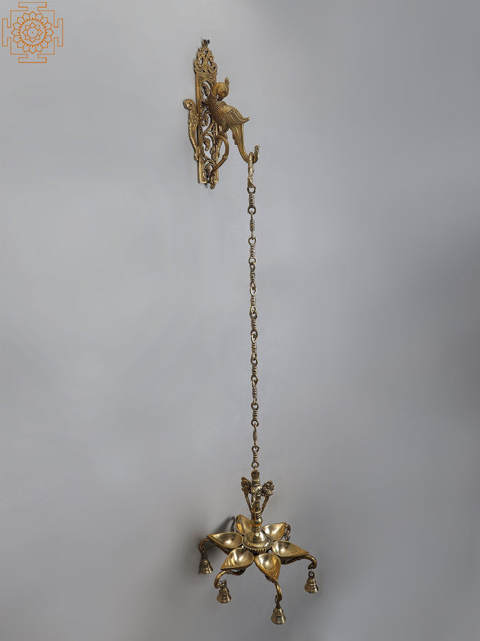 46" Brass Six Wicks Hanging Lamp with Parrot Bracket