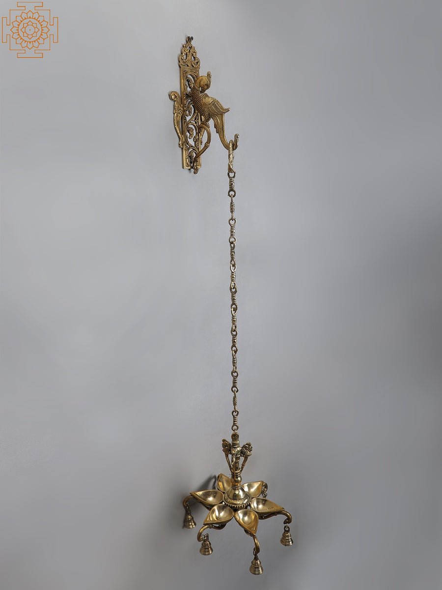 46" Brass Six Wicks Hanging Lamp with Parrot Bracket