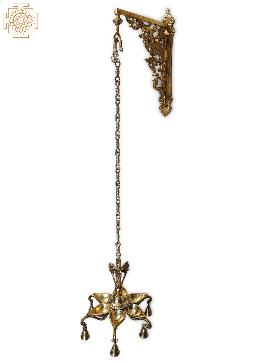 42" Brass Peacock Six Wicks Lamp with Bracket