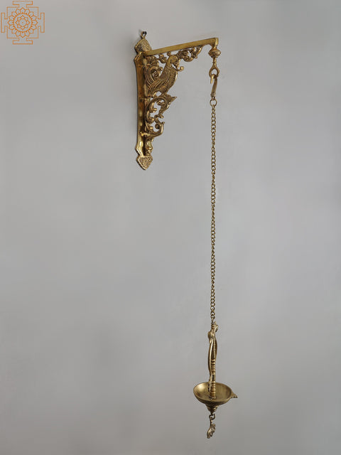 38" Bronze Hanging Diya with Brass Peacock Bracket