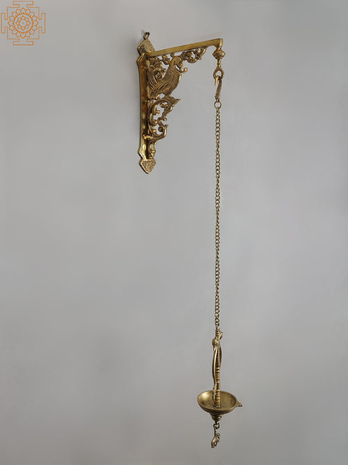 38" Brass Peacock Hanging Diya with Bronze Bracket