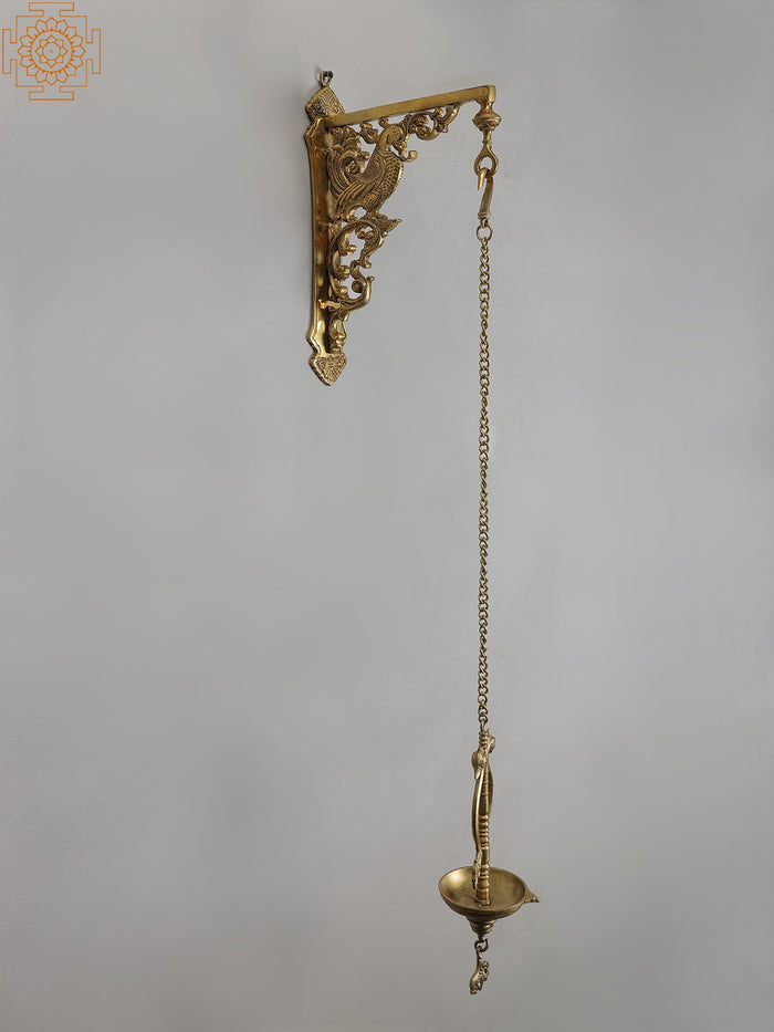38" Brass Peacock Hanging Diya with Bronze Bracket