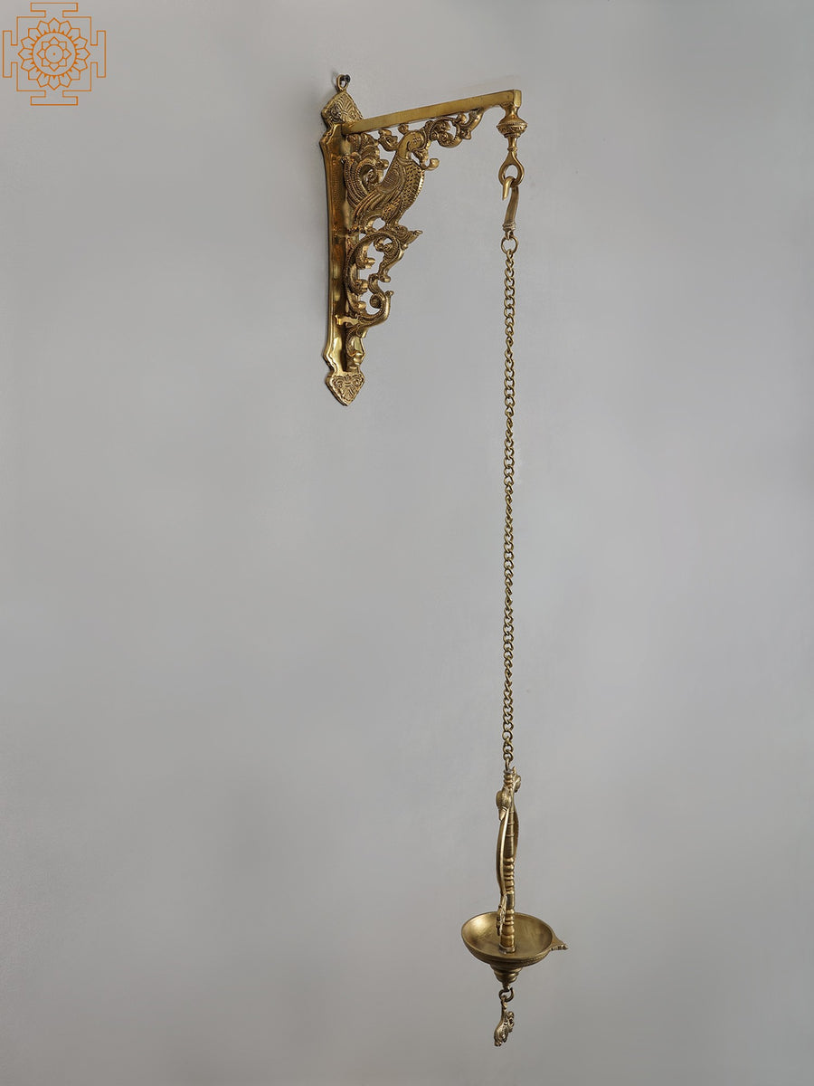 38" Brass Peacock Hanging Diya with Bronze Bracket