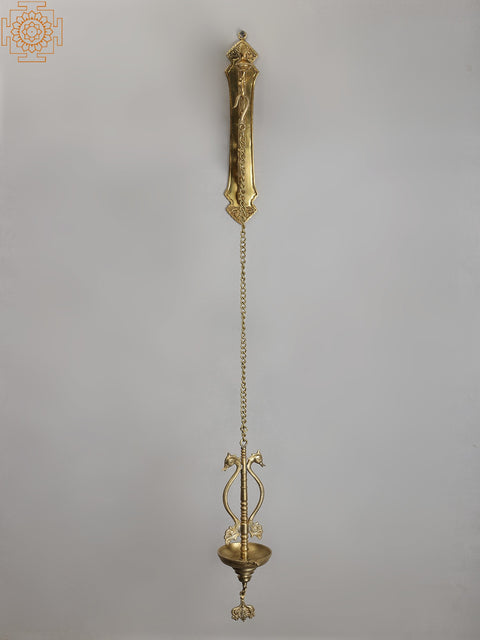 38" Bronze Hanging Diya with Brass Peacock Bracket
