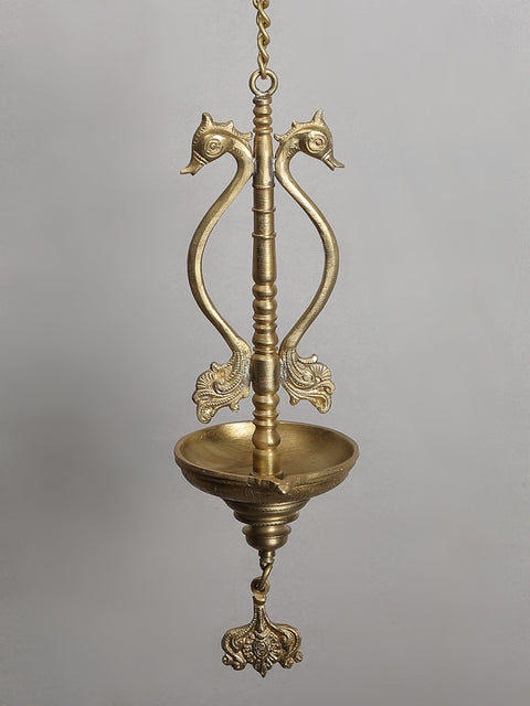 38" Bronze Hanging Diya with Brass Peacock Bracket