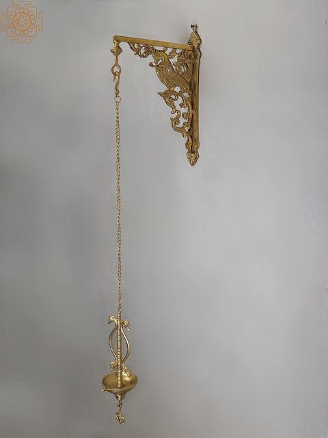 38" Bronze Hanging Diya with Brass Peacock Bracket