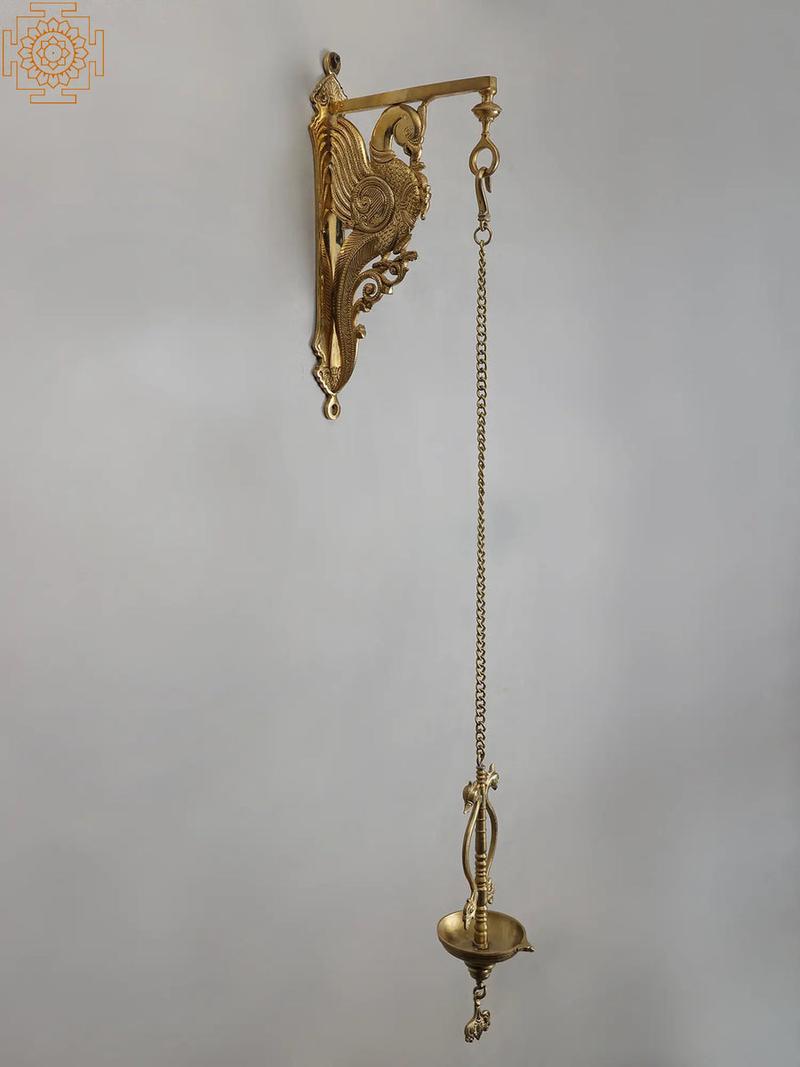 38" Brass Hanging Diya with Parrot Bracket Sculpture