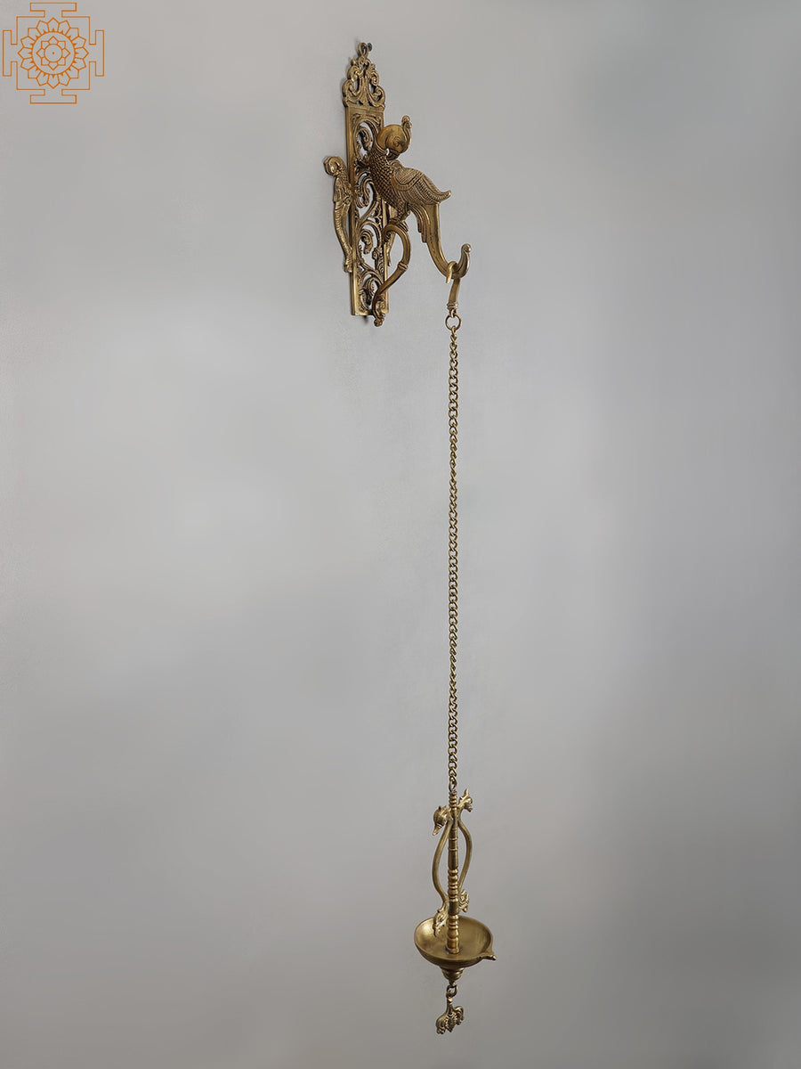42" Brass Parrot Wall Bracket with Hanging Diya for Home Decor