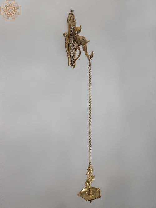 38" Bronze Hanging Diya with Brass Parrot Bracket Sculpture