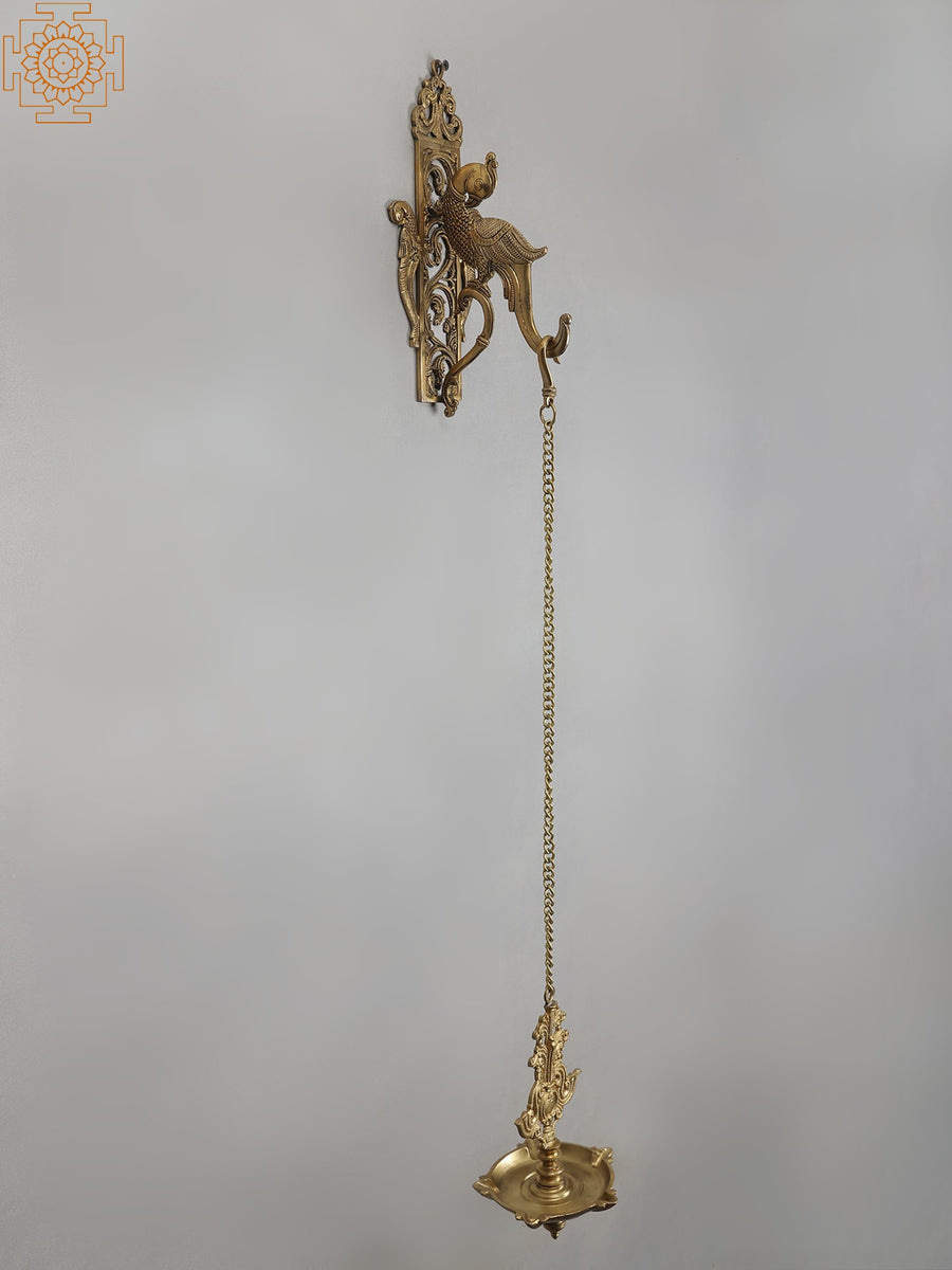 38" Bronze Hanging Diya with Brass Parrot Bracket Sculpture