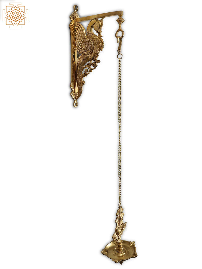 34" Bronze Hanging Diya with Brass Parrot Bracket Statue