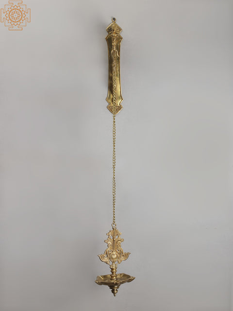 34" Bronze Hanging Diya with Brass Peacock Bracket