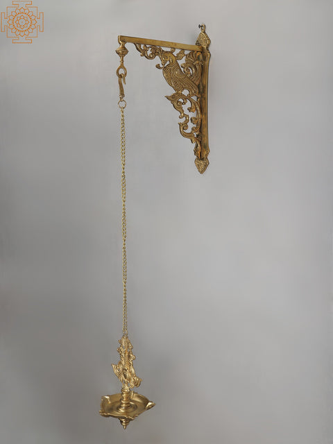 34" Bronze Hanging Diya with Brass Peacock Bracket