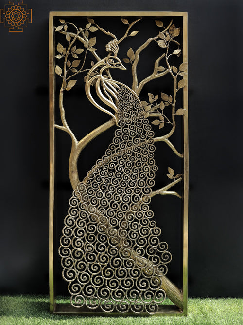 72" Large Brass Peacock Jali Grill Board for Home Decor