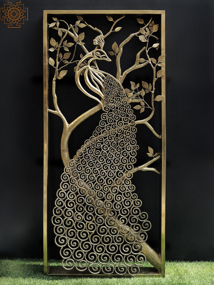 72" Large Brass Grill Board Peacock Design Jali