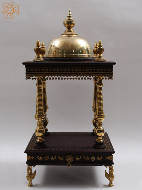 44" Large Wood and Brass Designer Temple Statue with Drawer