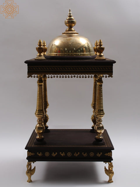 44" Large Wood and Brass Designer Temple with Drawer