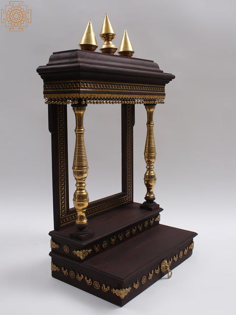 39" Large Wood and Brass Designer Wall Hanging Temple with Dangling Ghungroos