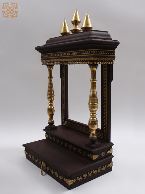 39" Large Wood and Brass Designer Wall Hanging Temple with Dangling Ghungroos