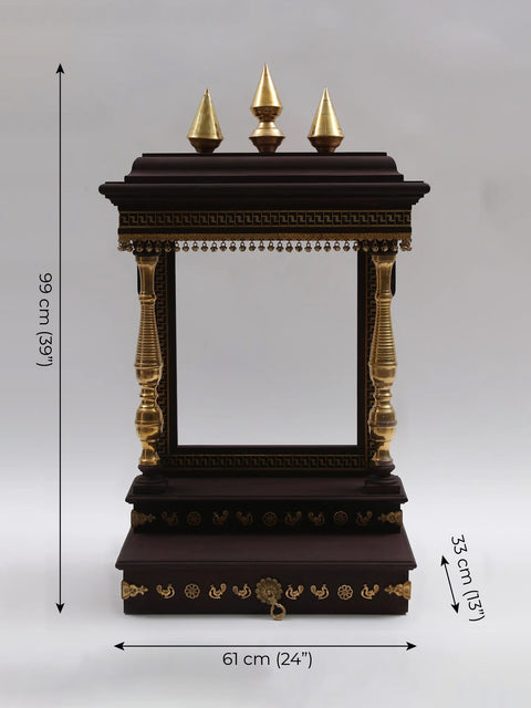 39" Large Wood and Brass Designer Wall Hanging Temple with Dangling Ghungroos