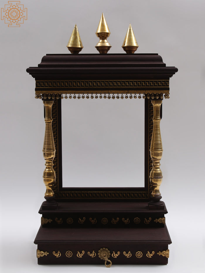 39" Large Wood and Brass Designer Wall Hanging Temple with Dangling Ghungroos