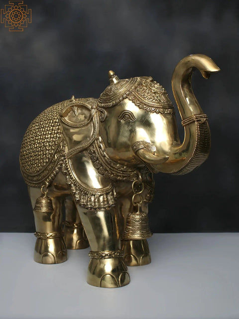 25" Brass Engraved Elephant Statue With Bells
