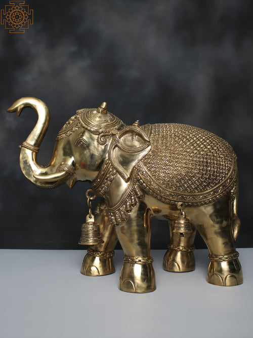 25" Brass Engraved Elephant Statue with Bells for Home Decor