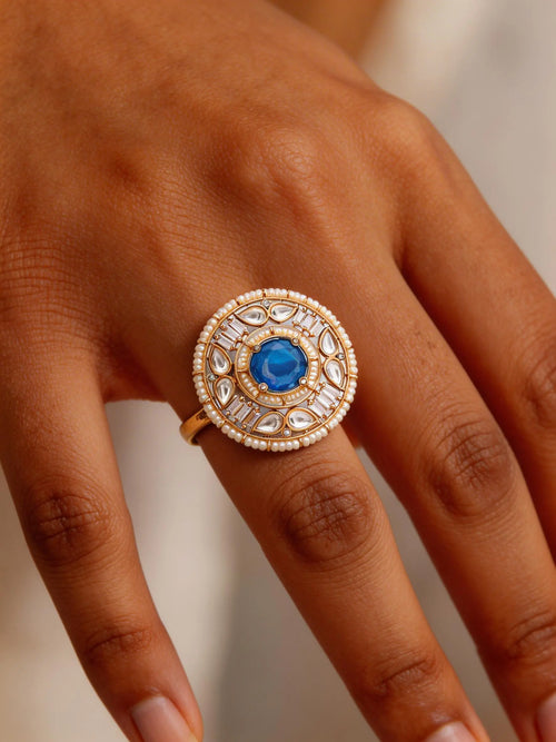 Round Kundan Stone Studded Brass Adjustable Ring