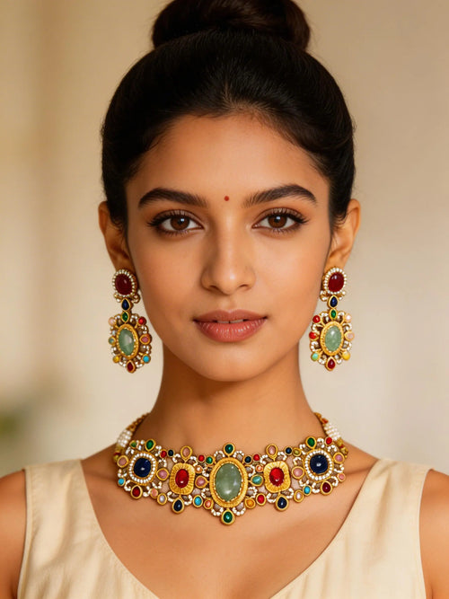 Floral Kundan Choker Necklace Set with Earrings