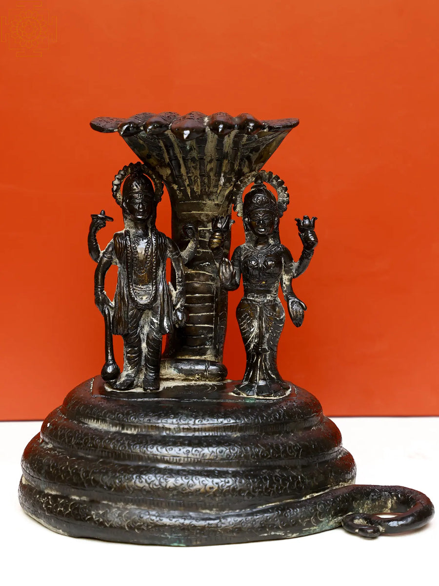 11" Brass Standing Vishnu and Lakshmi on Sheshnag Statue