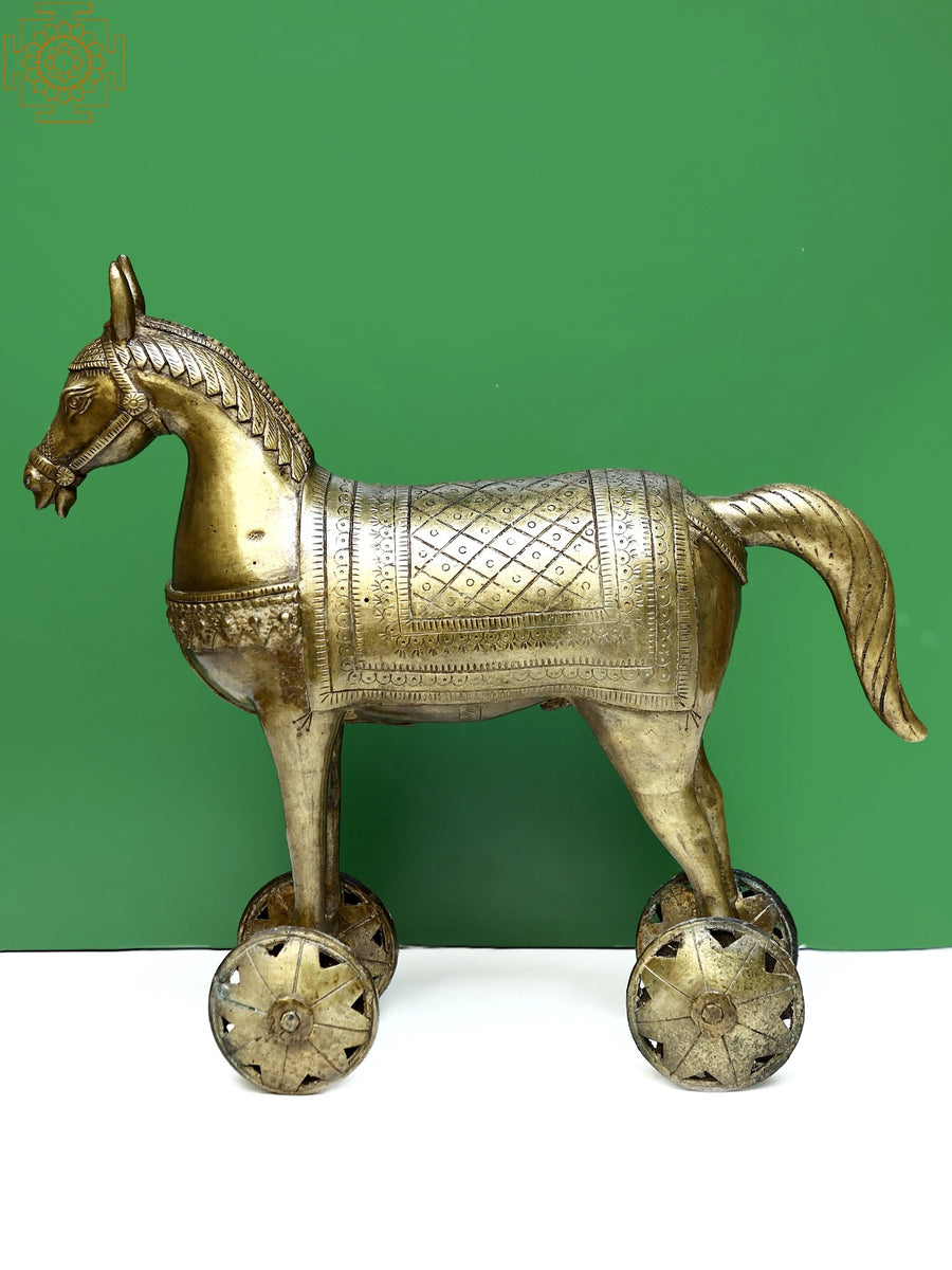 Brass Horse on Wheels Statue for Home Decor
