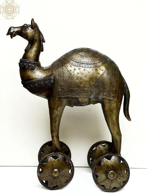 Brass Camel on Wheel Statue for Home Decor