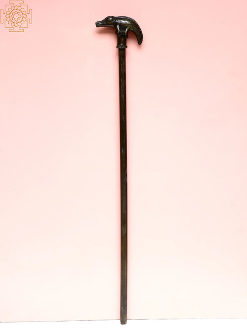Brass Cane with Crocodile Handle Copper Accent Sculpture