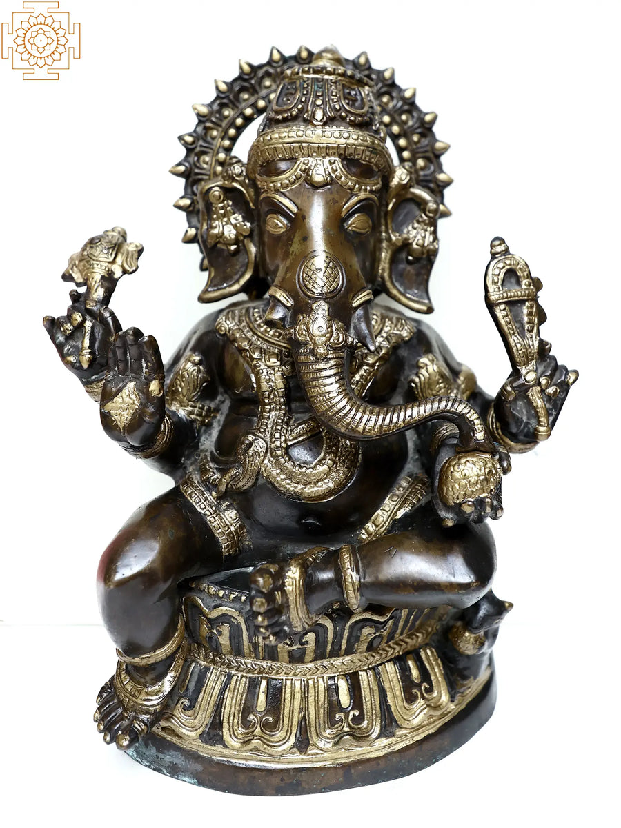 14" Brass Lord Ganesha Sitting Statue for Pooja