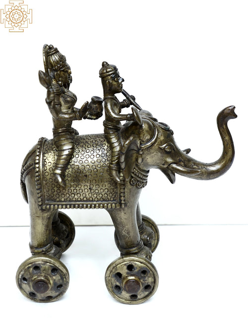 Brass Elephant with Riders on Wheels Statue