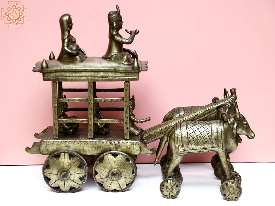 Brass Bullock Cart Statue on Wheel for Home Decor