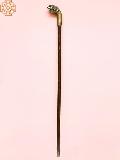Brass and Copper Cane with Lion Head Handle Statue