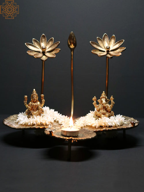 12" Brass Lotus Flowers and Bud Stylized Statue