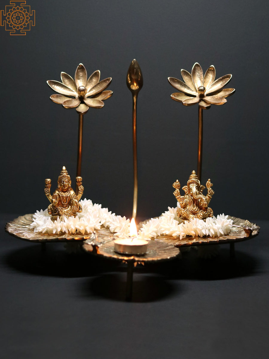 12" Brass Lotus Flowers and Bud Stylized Statue