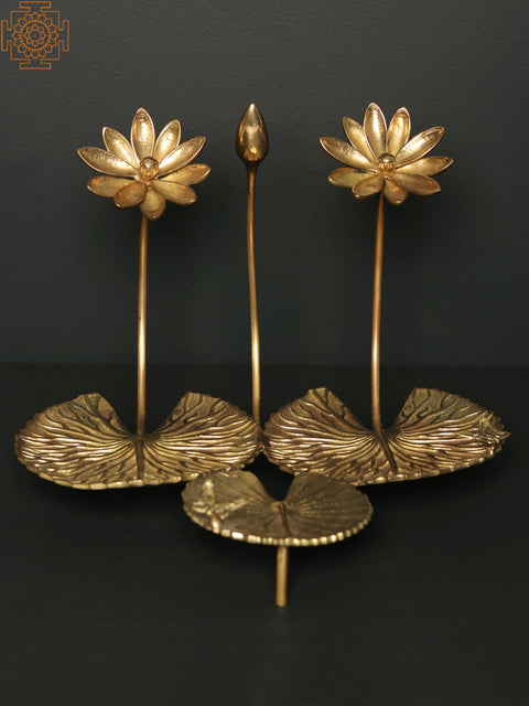 12" Brass Lotus Flowers and Bud Stylized Stand