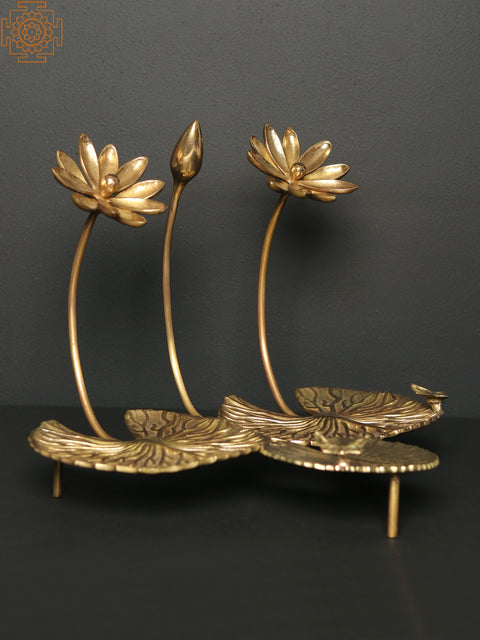 12" Brass Lotus Flowers and Bud Stylized Stand