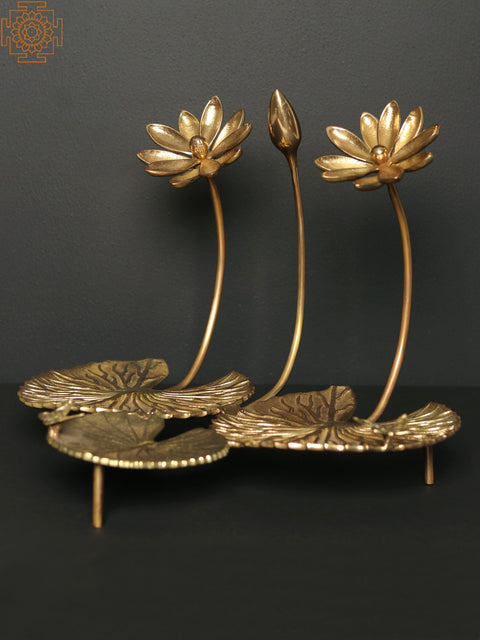 12" Brass Lotus Flowers and Bud Stylized Stand